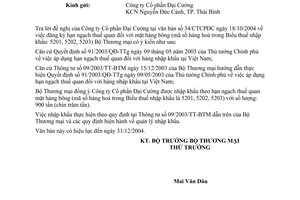 Công văn 5582/TM-XNK nhập khẩu theo hạn ngạch thuế quan của mã hàng hoá 5201, 5202, 5203