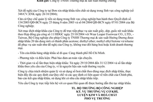 Công văn  5660/GP-CLH  ngày 29/10/2004  giấy phép nhập khẩu tiền chất sử dụng trong lĩnh vực công nghiệp