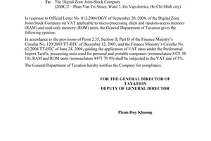 Official Dispatch No. 3527 TCT/PCCS of October 27, 2004, On value added tax (VAT)