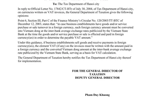 Official Dispatch No. 3547TCT/PCCS, on currencies written on vat invoices