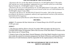 Decision No. 1398/2004/QD-NHNN of October 29, 2004, on the base interest rate in Vietnam dong