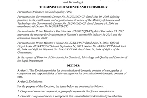 Decision 28/2004/QD-BKHCN method for determination of domestic content of cars