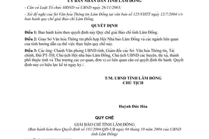 Quyết định 181/2004/QĐ-UB ban hành quy chế giải Báo chí Lâm Đồng