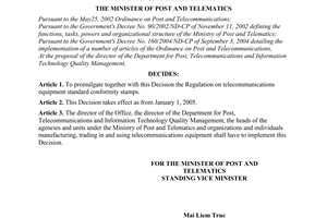 Decision No. 41/2004/QD-BBCVT of October 5, 2004, promulgating the regulation on telecommunications equipment standard conformity stamps
