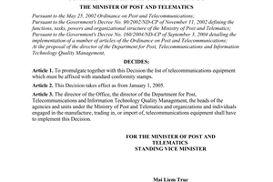 Decision No. 42/2004/QD-BBCVT of October 5, 2004, promulgating the list of telecommunications equipment which must be affixed with standard conformity stamps