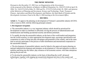 Decision No. 177/2004/QD-TTg of October 5, 2004, approving the planning on development of Vietnam’s automobile industry till 2010, with a vision to 2020