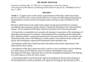 Decision No. 178/2004/QD-TTg of October 5, 2004, approving the overall scheme on development of Phu Quoc Island, Kien Giang Province, till 2010, with a vision toward 2020