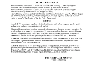 Decision No. 79/2004/QD-BTC of October 11, 2004, promulgating the table of export quota fees for textile and garment products exported to The U.S. Market