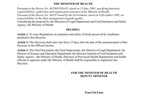 Decision No. 3616/2004/QD-BYT of October 14th, 2004, on the issuance of the regulations on safety and sanitation of foods preserved by irradiation.