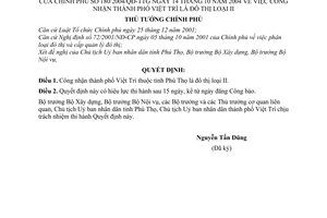 Quyết định 180/2004/QĐ-TTg công nhận thành phố Việt Trì là đô thị loại II