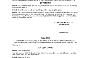 Quyết định 3616/2004/QĐ-BYT  vệ sinh an toàn thực phẩm bảo quản bằng phương pháp chiếu xạ