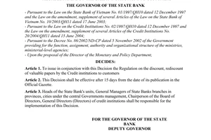 Decision No. 1325/2004/QD-NHNN of October 15, 2004, on the issuance of the regulation on the discount, rediscount of the valuable papers by the credit institutions to customers