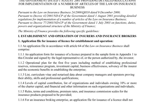 Circular No. 98/2004/TT-BTC of October 19th, 2004, providing guidelines for implementation of Decree 42/2001/ND-CP of The Government dated 1 August 2001 providing detailed regulations for implementation of a number of articles of the Law on Insurance business.