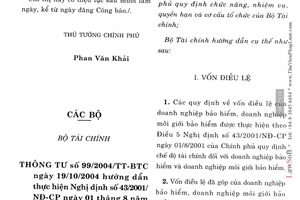 Thông tư 99/2004/TT-BTC chế độ tài chính doanh nghiệp bảo hiểm môi giới bảo hiểm hướng dẫn Nghị định 43/2001/NĐ-CP