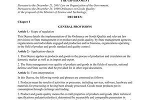 Decree No. 179/2004/ND-CP of October 21, 2004, providing for state management over product and goods quality