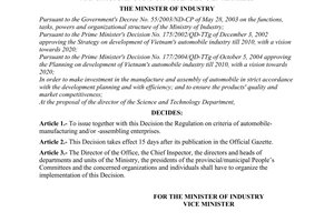 Decision No. 115/2004/QD-BCN of October 27, 2004, promulgating the regulation on criteria of automobile-manufacturing and/or -assembling enterprises