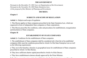 Decree No. 180/2004/ND-CP of October 28, 2004, on establishment, reorganization and dissolution of state companies