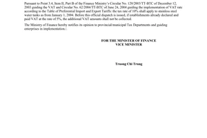 Official Dispatch No. 13902/TC/TCT of November 29, 2004, on the vat rate of stainless steel water tanks