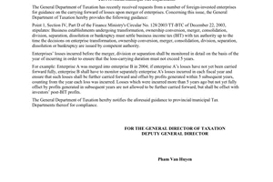 Official Dispatch No. 3961 TCT/DTNN on carrying forward of losses upon merger