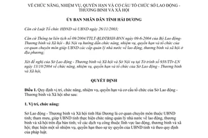 Quyết định 4391/2004/QĐ-UBND chức năng tổ chức Sở Lao động Hải Dương