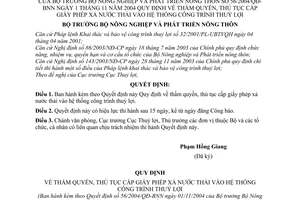 Quyết định 56/2004/QĐ-BNN thẩm quyền, thủ tục cấp giấy phép xả nước thải vào hệ thống công trình thuỷ lợi