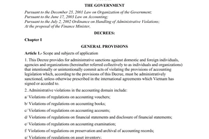 Decree of Government No.185/2004/ND-CP of November 4, 2004 on sanctioning of administrative violations in the accounting domain