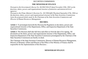 Decision No. 3595/QD-BTC of November 04, 2004, on the duties, powers and organizational structure of the departments, office and inspection department of the State Securities Commission
