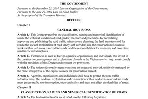 Decree of Government No.186/2004/ND-CP of November 5, 2004 prescribing the management and protection of road traffic infrastructures