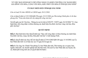 Quyết định 4025/2004/QĐ-UB công nhận Gia đình văn hóa Làng văn hóa Khu phố văn hóa Quảng Ninh