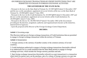 Decision No. 1452/2004/QD-NHNN of November 10th, 2004, on foreign exchange transactions of credit institutions that are permitted to engage in foreign exchange activities.