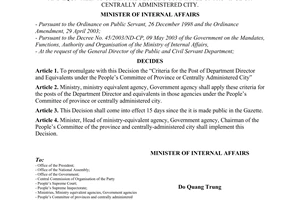 Decision No. 82/2004/QD-BNV of November 17, 2004, on promulgation of criteria for the post of department director and equivalents under the people’s committee of province or centrally administered city.
