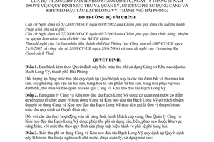 Quyết định 87/2004/QĐ-BTC mức thu quản lý, sử dụng phí sử dụng Cảng Khu neo đậu tàu Bạch Long Vỹ,Hải Phòng