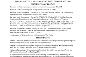 Decision No. 89/2004/QD-BTC prescribing charges fees post telecommunications activities