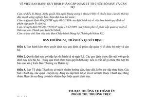 Quyết định 1102-QĐ/TU  phân cấp quản lý tổ chức bộ máy