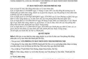 Quyết định 179/2004/QĐ-UB đổi tên xác định lại chức năng nhiệm vụ, cơ cấu tổ chức Văn phòng Ủy ban nhân dân Thành phố Hà Nội