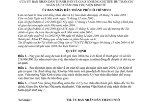Quyết định 261/2004/QĐ-UB giao bổ sung chỉ tiêu dự toán chi ngân sách 2004 Viện Kinh tế