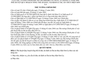 Quyết định 196/2004/QĐ-TTg quy hoạch tổng thể di dân, tái định cư Dự án thuỷ điện Sơn La