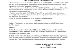 Decision No. 1522/QD-NHNN of November 30, 2004, on the base interest rate in Vietnam dong
