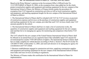 Official Dispatch No. 14218 TC/TCT on VAT refund for the international school of