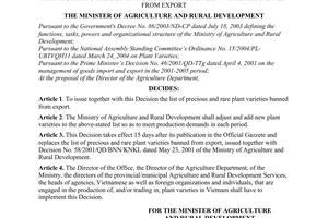 Decision No.69/2004/QD-BNN of December 3, 2004 promulgating the list of precious and rare plant varieties banned from export