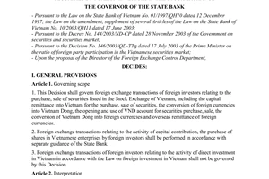 Decision No. 1550/2004/QD-NHNN of December 6, 2004, on the foreign exchange control for the purchase, sale of securities by foreign investors in the stock exchange