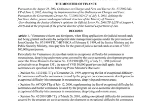Decision No.94/2004/QD-BTC of December 7, 2004 providing the regime on collection, remittance, management and use of fees for the grant of judicial record cards