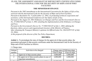 Decision No.95/2004/QD-BTC of December 7, 2004 provisionally providing for the collection, remittance, management and use of charges for the approval of ship security plans, the assessment and grant of ship security certificates under the international code for the security of ships and of port facilities