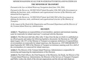 Decision No. 28/2004/QD-BGTVT responsibilities of crewmembers minimum manning scale for inland waterways