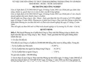Quyết định 166/2004/QĐ-BCN chuyển Công ty Thuỷ tinh Hải Phòng thành Công ty cổ phần Bao bì Bia - Rượu - Nước giải khát