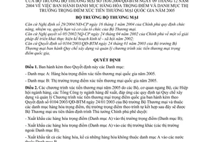 Quyết định 1836/2004/QĐ-BTM Danh mục hàng hoá trọng điểm xúc tiến thương mại quốc gia 2005