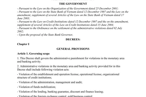Decree of Government No. 202/2004/ND-CP of December 10, 2004, on the punishment of administrative violations in the monetary area and banking activity