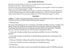 Decision No.208/2004/QD-TTg of December 13, 2004 approving the general planning orientations for building Me Linh new urban center, Vinh Phuc province, till 2020