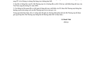 Thông báo 6374/TM-XNK hướng dẫn việc xuất khẩu hàng dệt may sang EU năm 2005