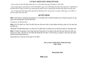 Quyết định 392/2004/QĐ-UB	cơ chế phân cấp nguồn thu tỷ lệ điều tiết phân chia các khoản thu các cấp Yên Bái